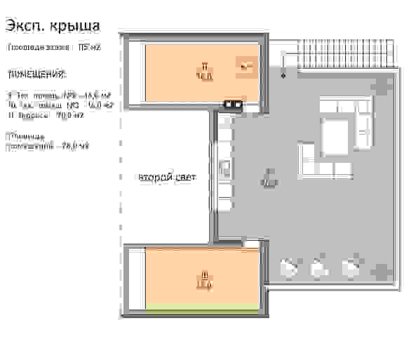 Проект дома RND №1 — 2-й этаж. Площадь помещений — 28 м2. Терраса — 70 м2