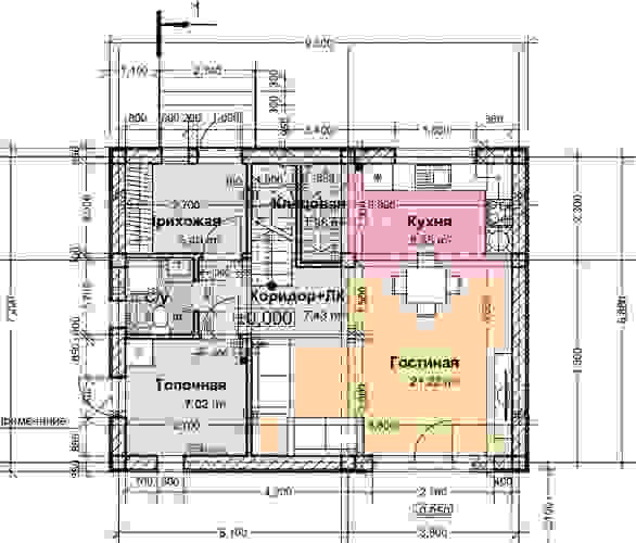 Площадь помещений 1-го этажа: 55 м²
