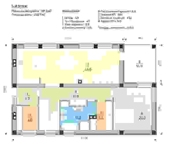 Проект дома RND №4. Общая площадь помещений первого этажа - 109 м2