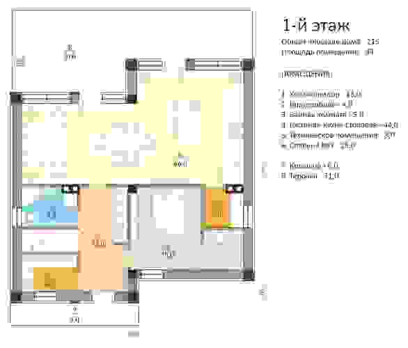 Проект RND №9. Общая площадь помещений 1-го этажа – 84 м2