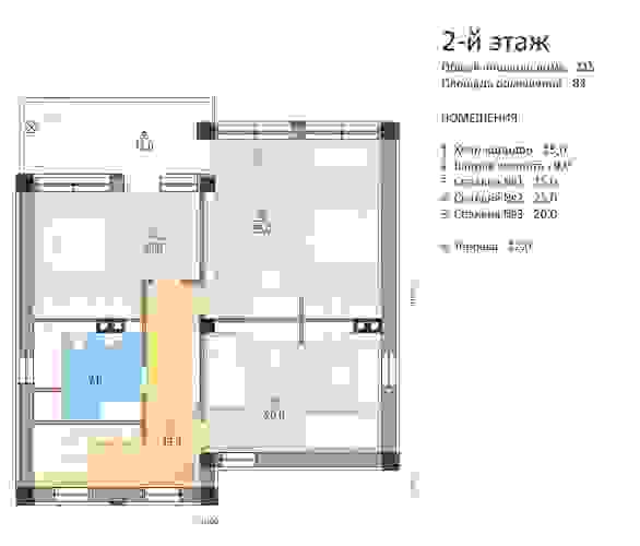 Проект RND №9. Общая площадь помещений 2-го этажа – 84 м2