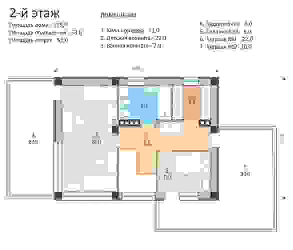 Проект RND №8. Общая площадь помещений 2-го этажа – 53 м2